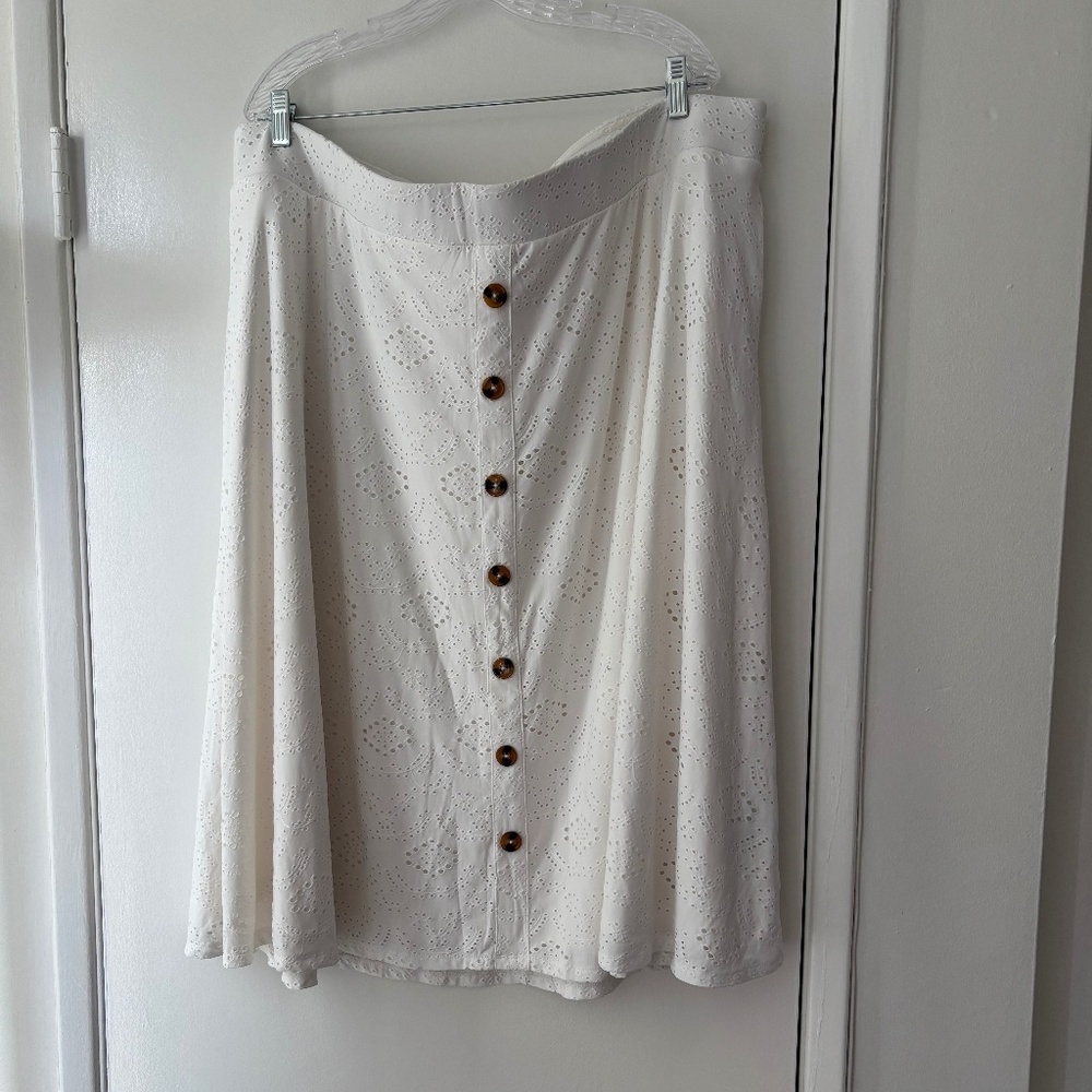 White Midlength Skirt with Floral Cut-Outs and Front Button Detail